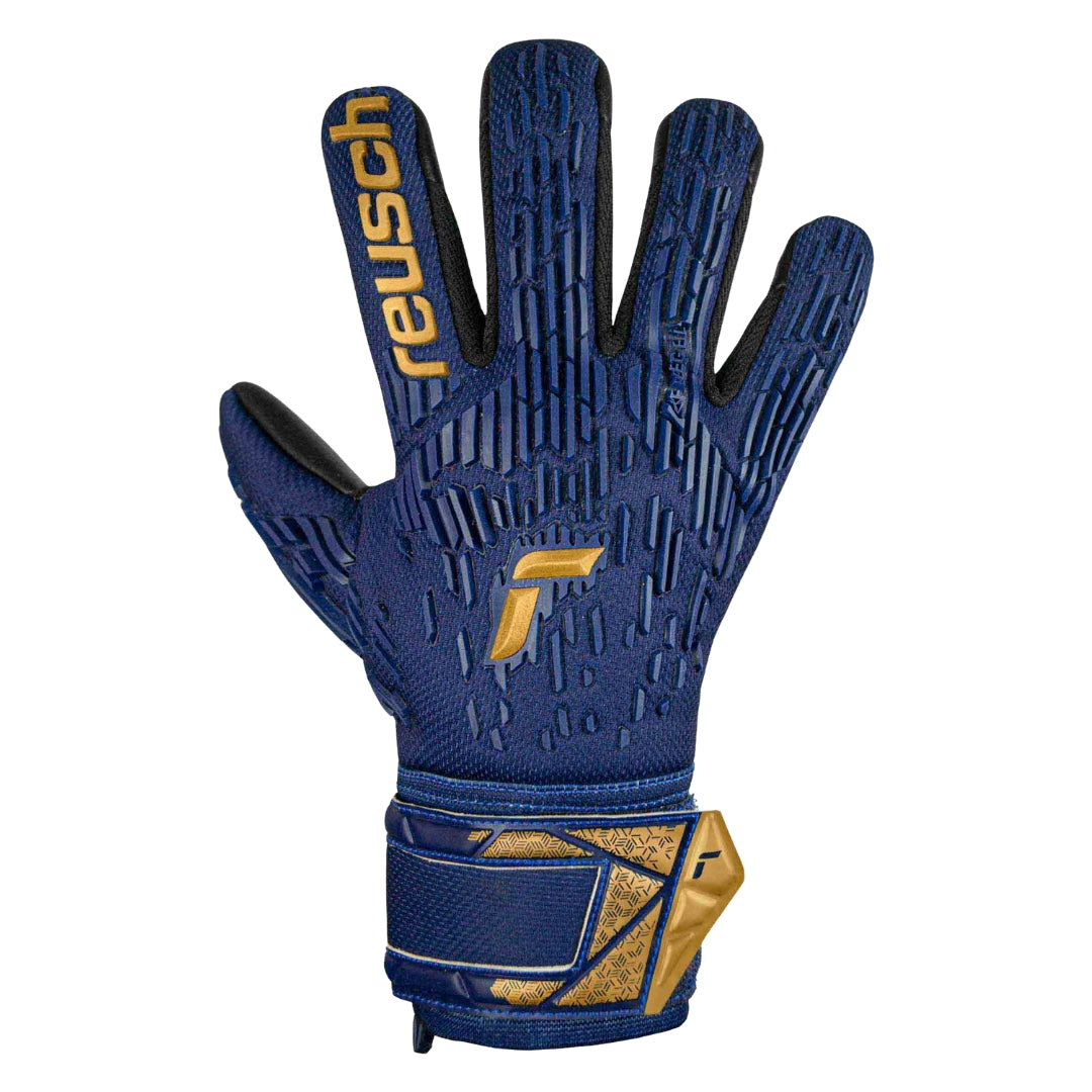 Blue and gold glove with Reusch branding on a white background