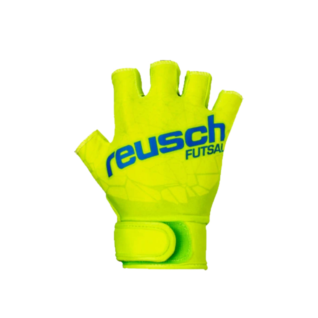 A single neon yellow-green Reusch Futsal fingerless glove with blue branding on the back, shown against a plain white background.