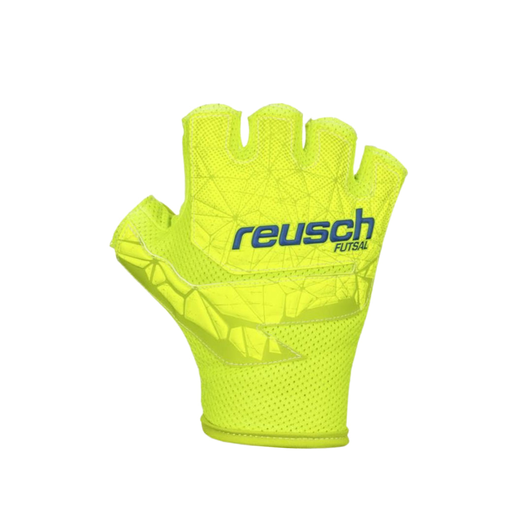 A single Reusch Futsal fingerless glove in neon yellow, featuring a blue and black Reusch Futsal logo on the back of the hand, set against a plain white background.