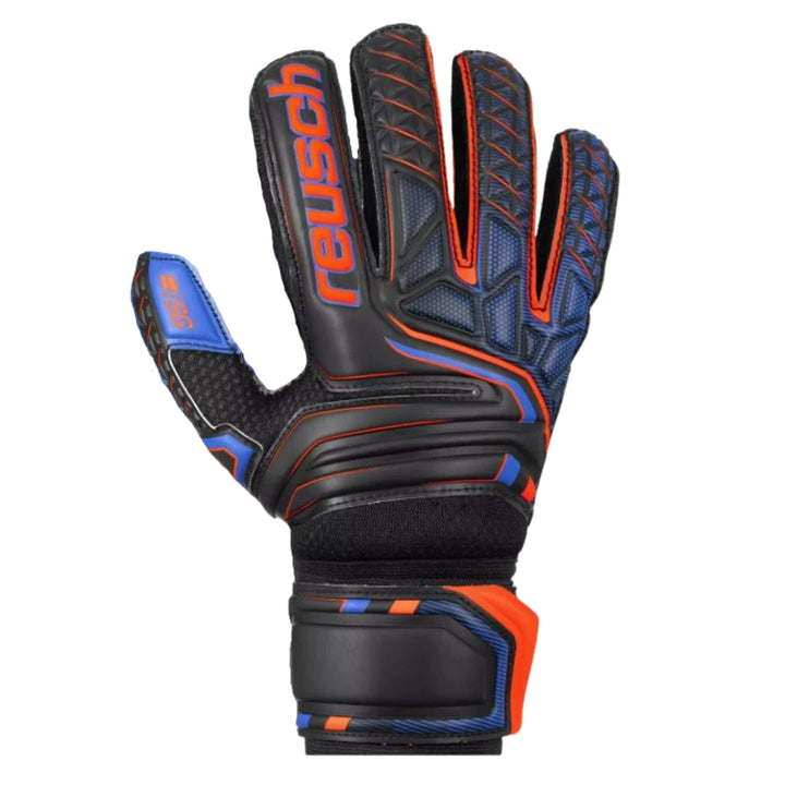 Black, blue, and orange Reusch glove on a white background