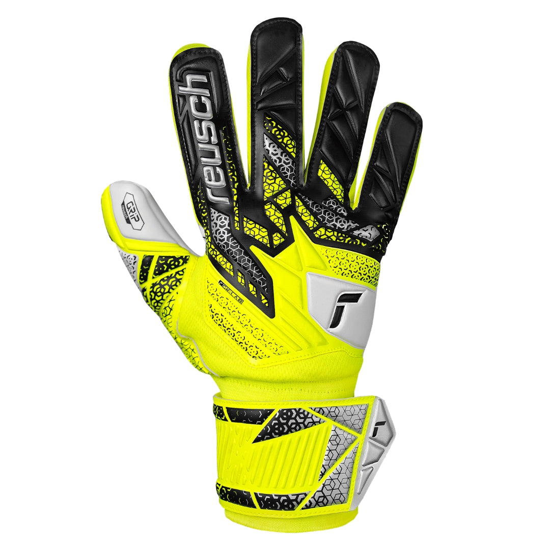 Yellow and black Reusch goalkeeper gloves on a white background