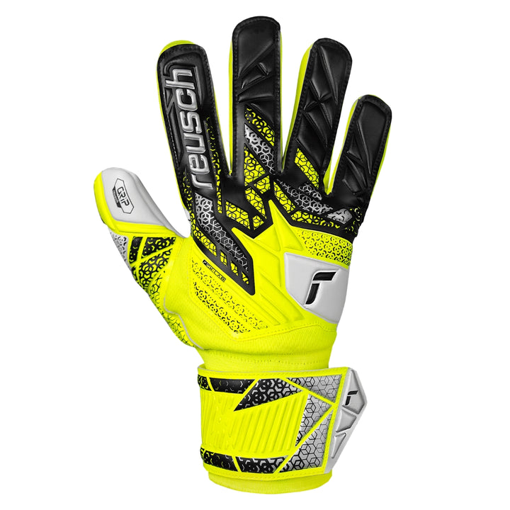 Yellow and black Reusch goalkeeper gloves on a white background