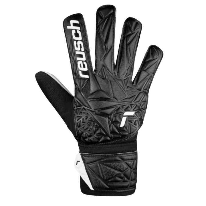 A single Reusch goalkeeper glove in black with white branding and logo details, shown against a plain white background.