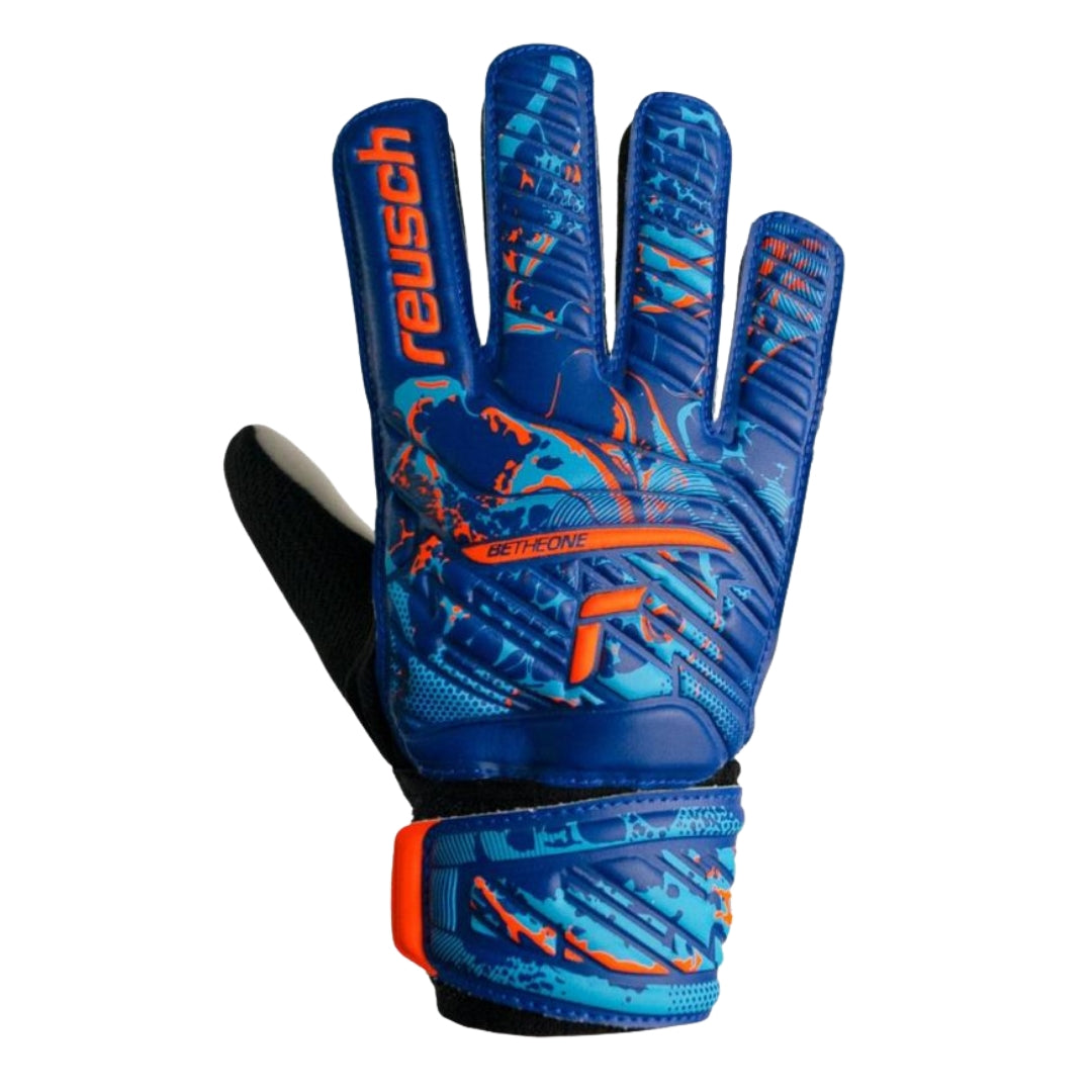 Blue and orange soccer goalkeeper glove with Reusch branding on a white background