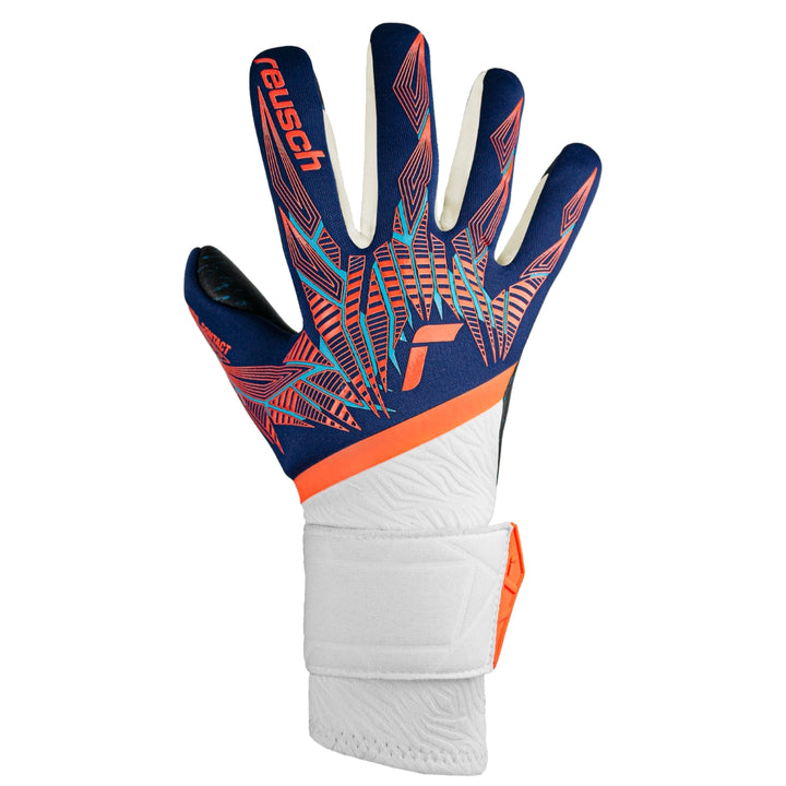 Colorful sports glove with brand logo on a white background