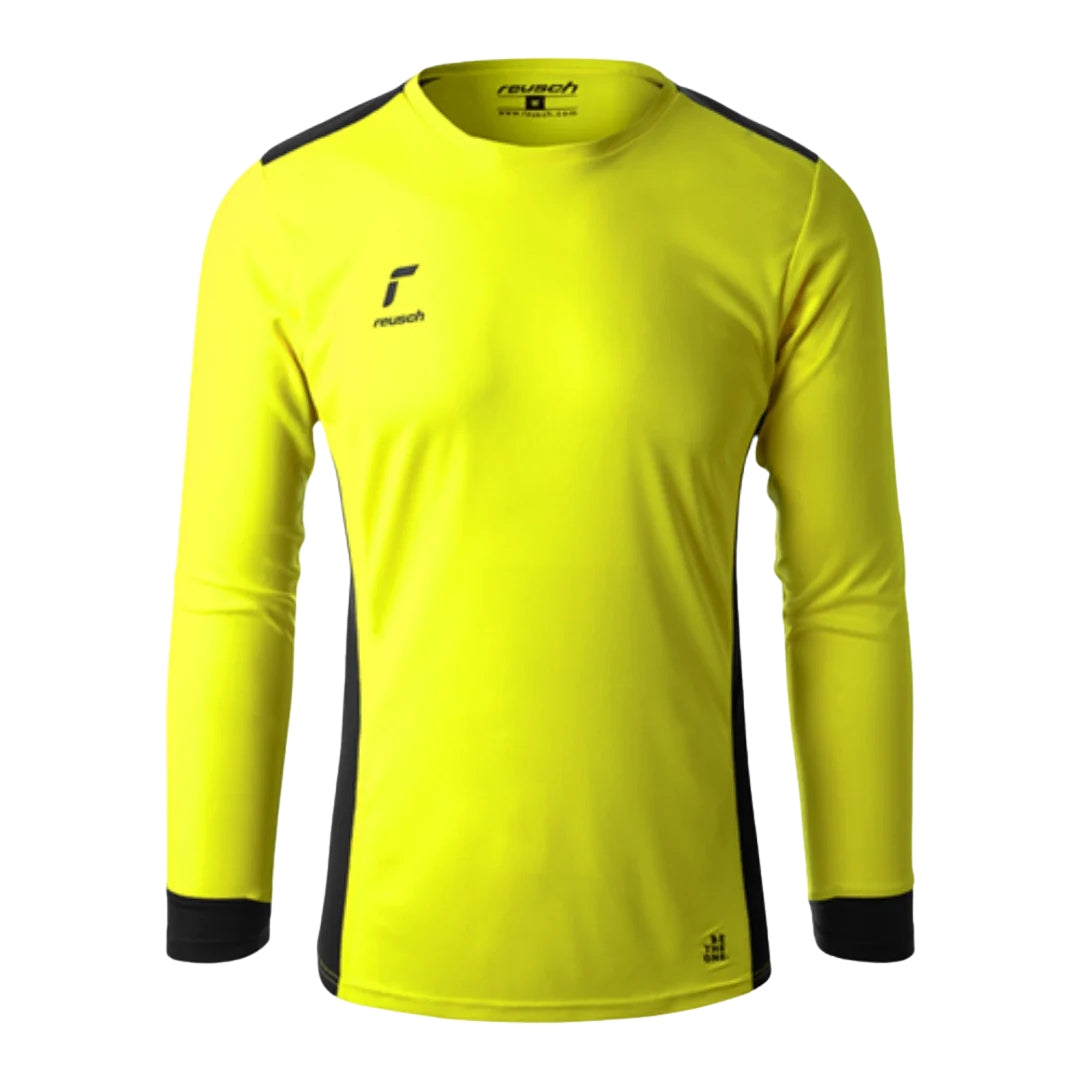 Yellow long-sleeve sports shirt with black accents on a white background