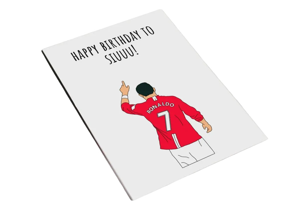 Birthday card with a cartoon of a football player in a red jersey on a gray background