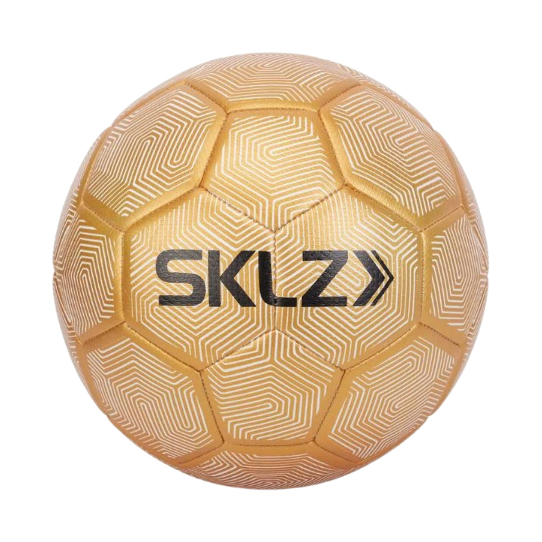Gold soccer ball with 'SKLZ' branding on a white background