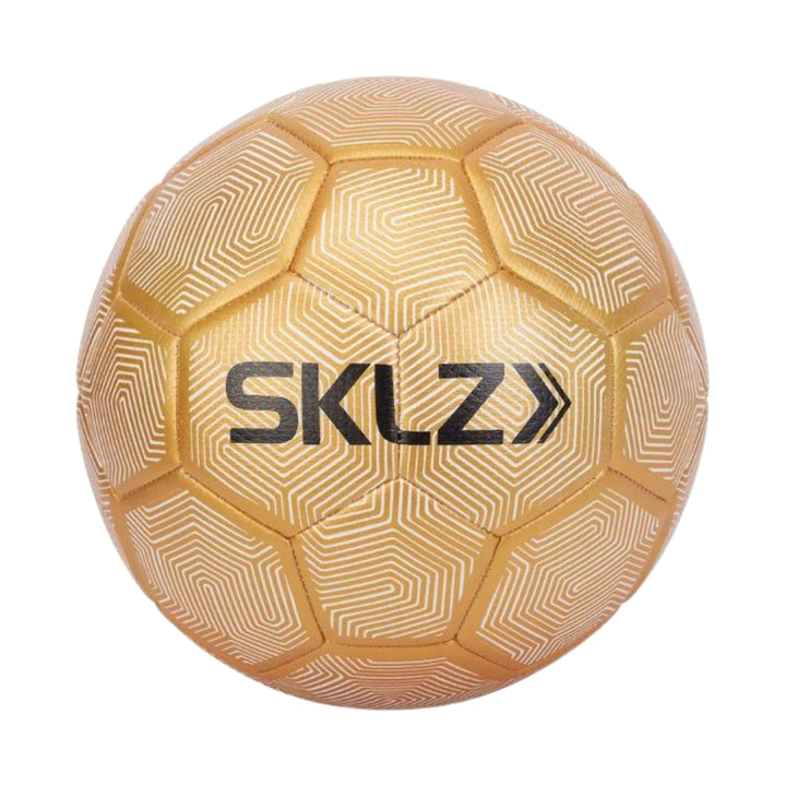 Gold soccer ball with 'SKLZ' branding on a white background