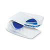 White shoe inserts with blue gel pads on a white background