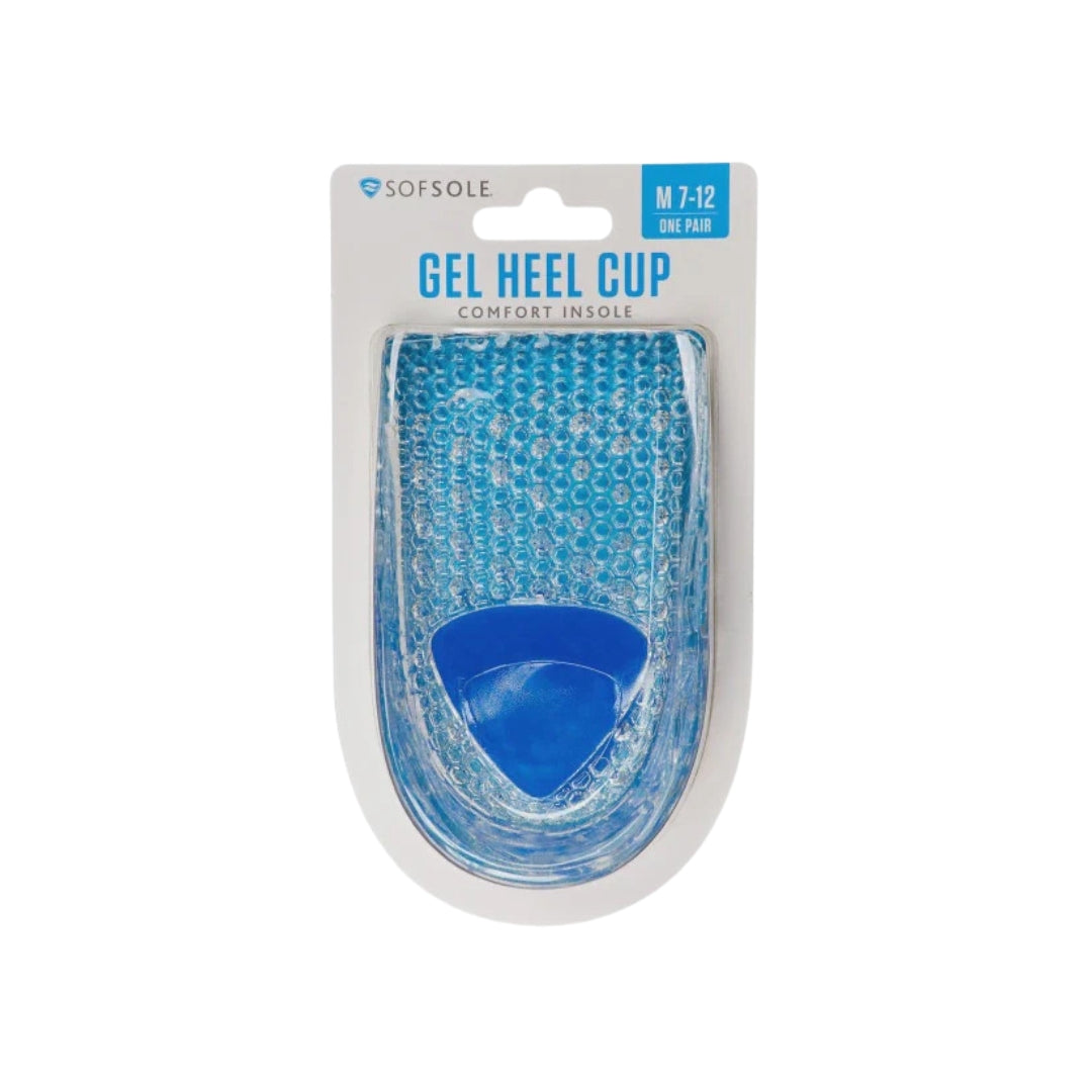 Blue gel heel cup in packaging with Sof Sole branding on a white background
