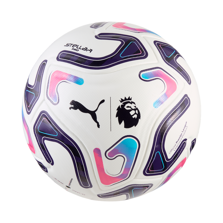 White soccer ball with colorful patterns and Puma logo on a white background