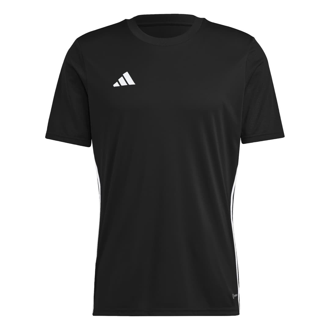 Black t-shirt with Adidas logo on a light gray background