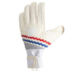 A single white goalkeeper glove with red and blue zigzag stripes and a gray mesh panel on the back, shown against a plain white background.