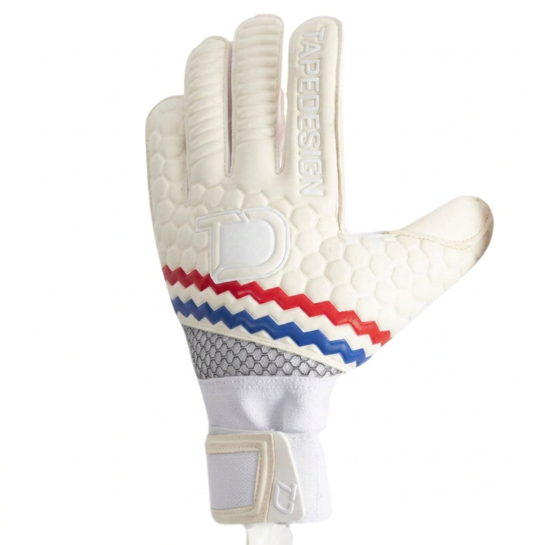 A single white goalkeeper glove with red and blue zigzag stripes and a gray mesh panel on the back, shown against a plain white background.