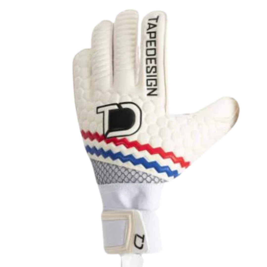 White goalkeeper glove with red, blue, and gray accents on a white background