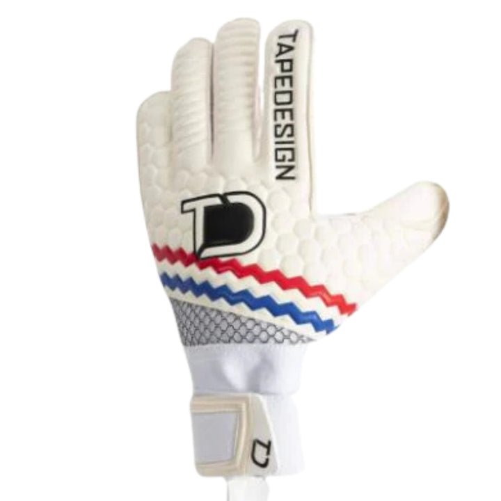 White goalkeeper glove with red, blue, and gray accents on a white background