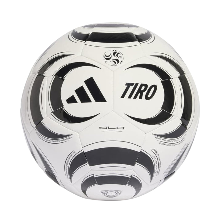 White soccer ball with black patterns and Adidas logo on a white background