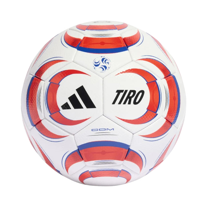 White soccer ball with red and blue patterns and Adidas logo on a white background