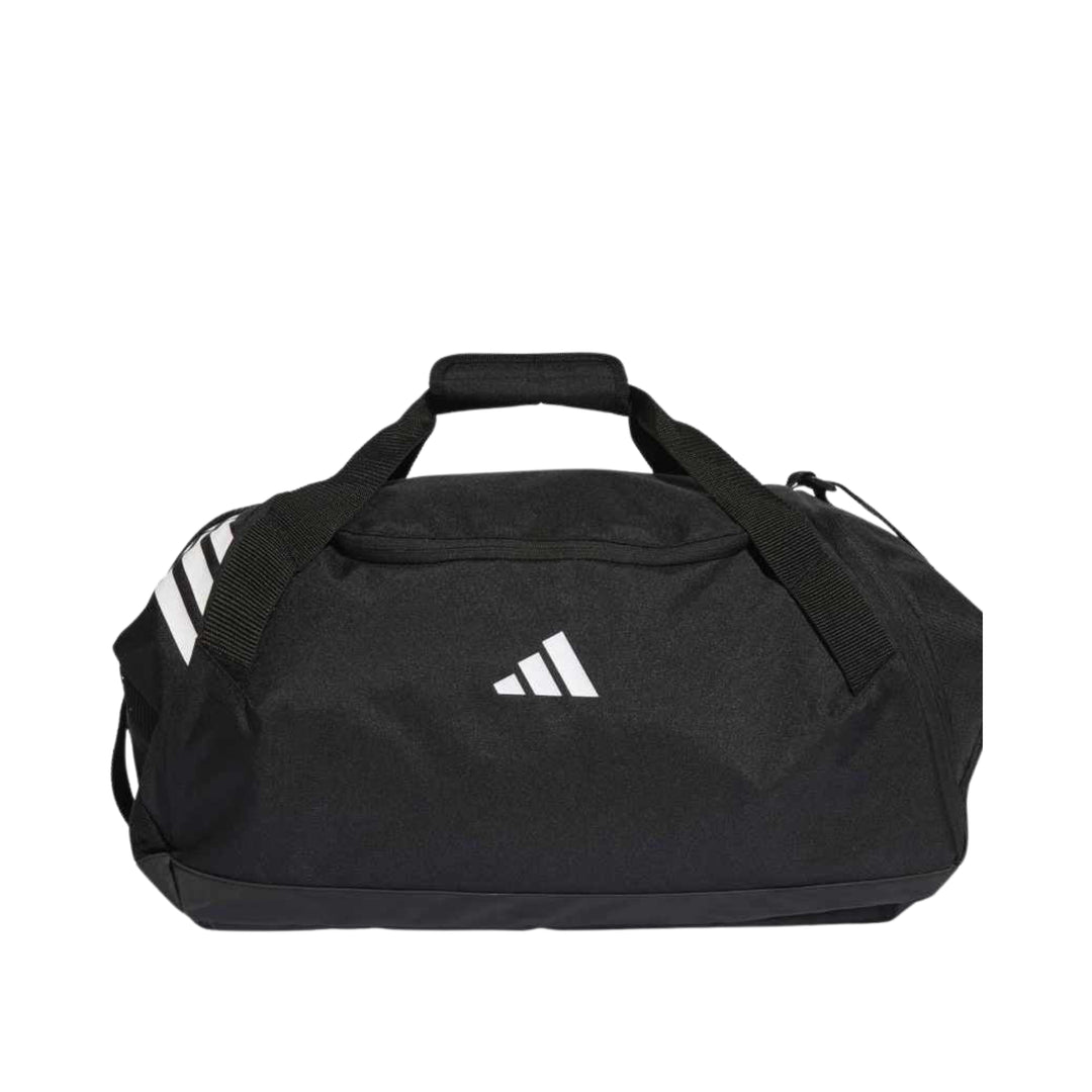 A black Adidas duffel bag with white logo branding and three stripes on the side, shown against a plain white background.