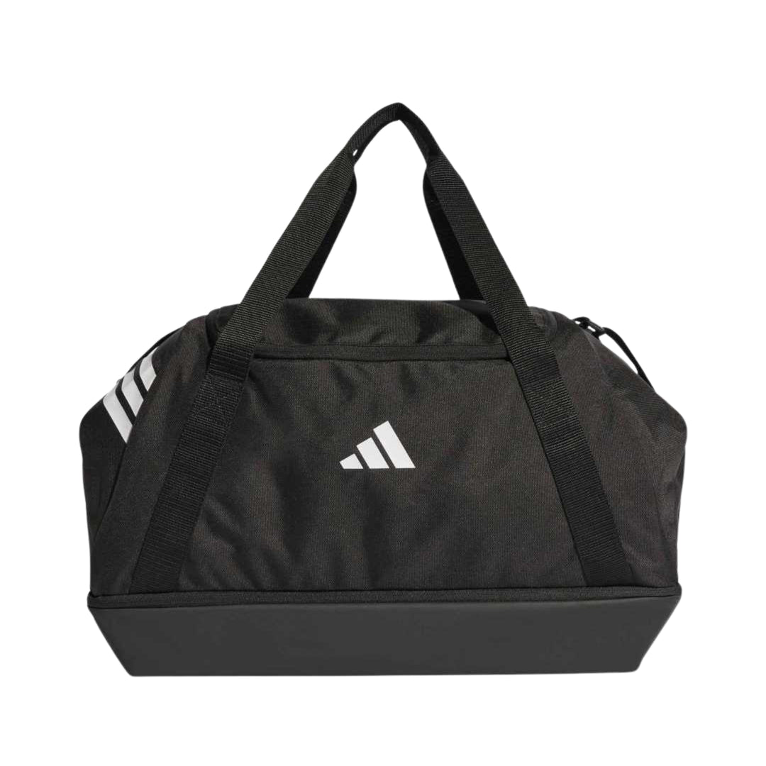 A black Adidas duffel bag with white logo branding and three stripes on the side, shown against a plain white background.