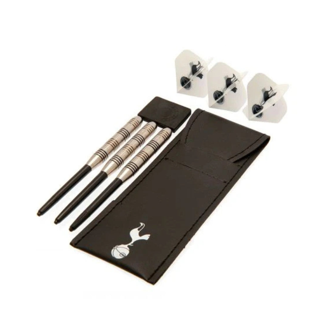Set of darts with a black case on a white background
