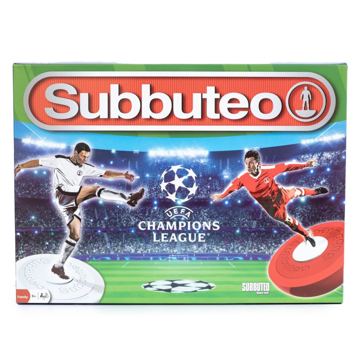 Subbuteo packaging featuring two players on a soccer field with UEFA Champions League branding.