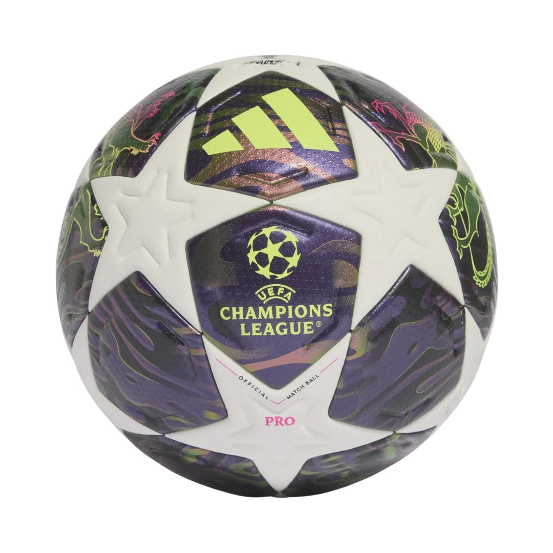 Soccer ball with UEFA Champions League logo on a white background