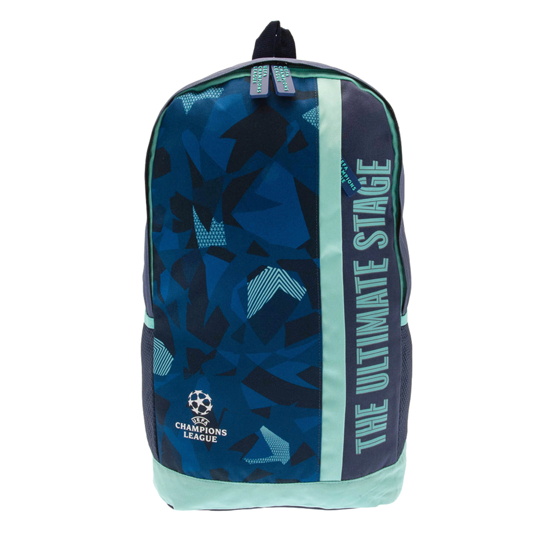 A blue and navy patterned backpack with mint green accents, featuring 'THE ULTIMATE STAGE' text and a UEFA Champions League logo on the front, set against a plain white background.
