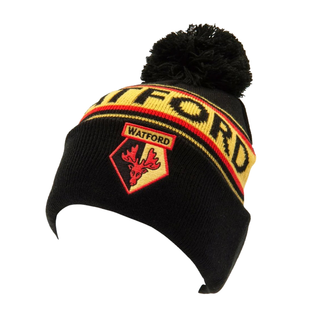 Black beanie with yellow and red text and logo on a white background