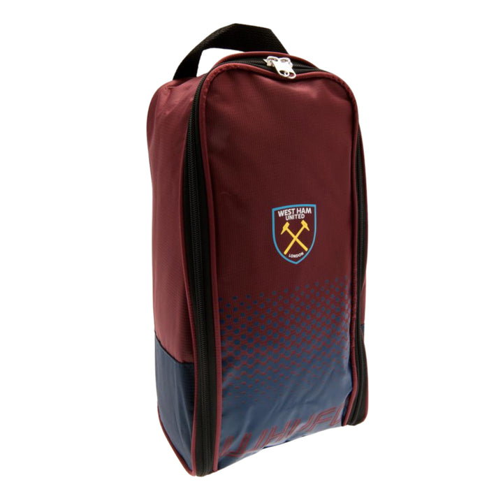A West Ham United branded zippered shoe bag in maroon and navy blue, featuring the club's crest on the front, set against a plain white background.