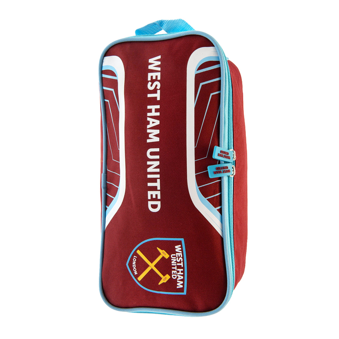 A West Ham United football boot bag in maroon with light blue trim, featuring the club's name printed vertically in white and their crest near the bottom, set against a plain white background.