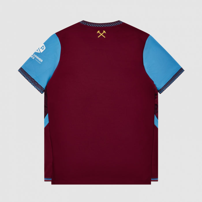 A West Ham United Home Jersey is a short-sleeve athletic jersey shown from the back, featuring a deep maroon body with bright blue side panels and sleeves, patterned trim, and a small gold crossed-hammers logo centered below the collar.