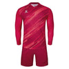 Red soccer goalkeeper jersey and shorts set with Kelme logo on a white background