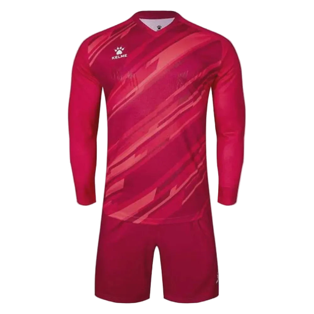 Red soccer goalkeeper jersey and shorts set with Kelme logo on a white background